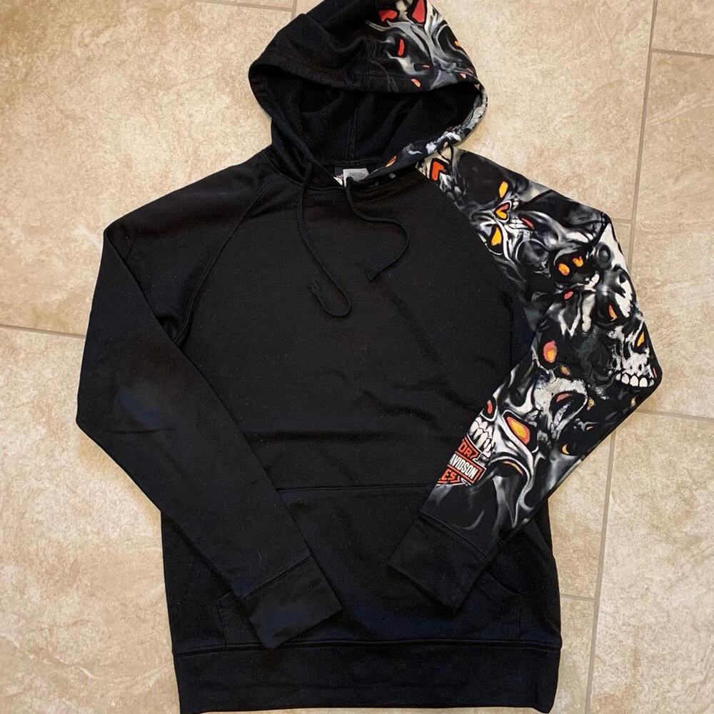Y2K Vintage Harley Davidson Skull Flames Sleeve Hoodie - Picture 2 of 6